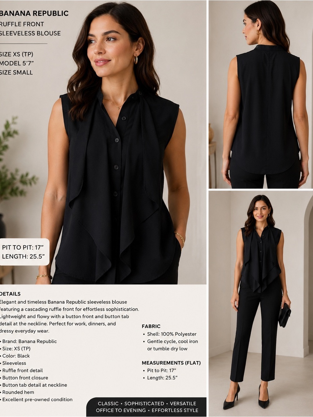 Banana Republic XS Black Cascade Ruffle Blouse Sleeveless Button Front Career